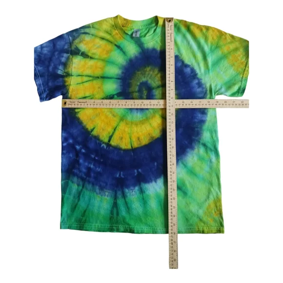 Tie Dye Mens Medium T-Shirt Spiral Kelly Green, Daffodil and Houdini Blue - Picture 4 of 5